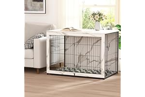 Megidok Wooden Dog Crate Furniture with Cushion,Large Dog Crate End Table with Tray, Double Doors Kennels Indoor (43.1" L*28.6" W*30.3" H, Marble White)