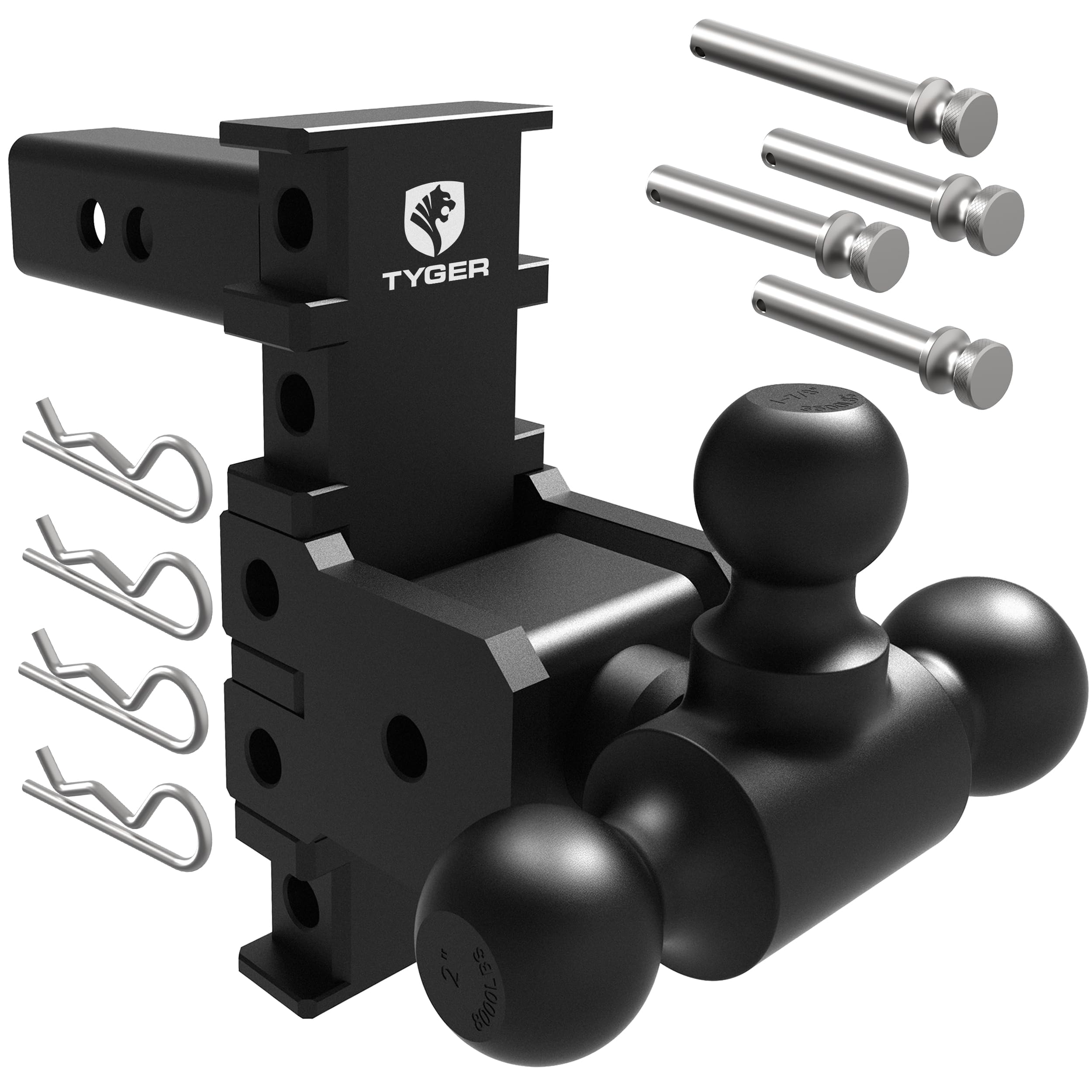 Tyger Auto Adjustable Drop Hitch Tri-Ball Mount with 1-7/8", 2" and 2-5/16" Towing Balls | Fits 2" Receivers | EZ-Align System | 12500 lbs GTW | Carbon Steel | Trailers Boats ATVs RVs | TG-DB6U12058 Image