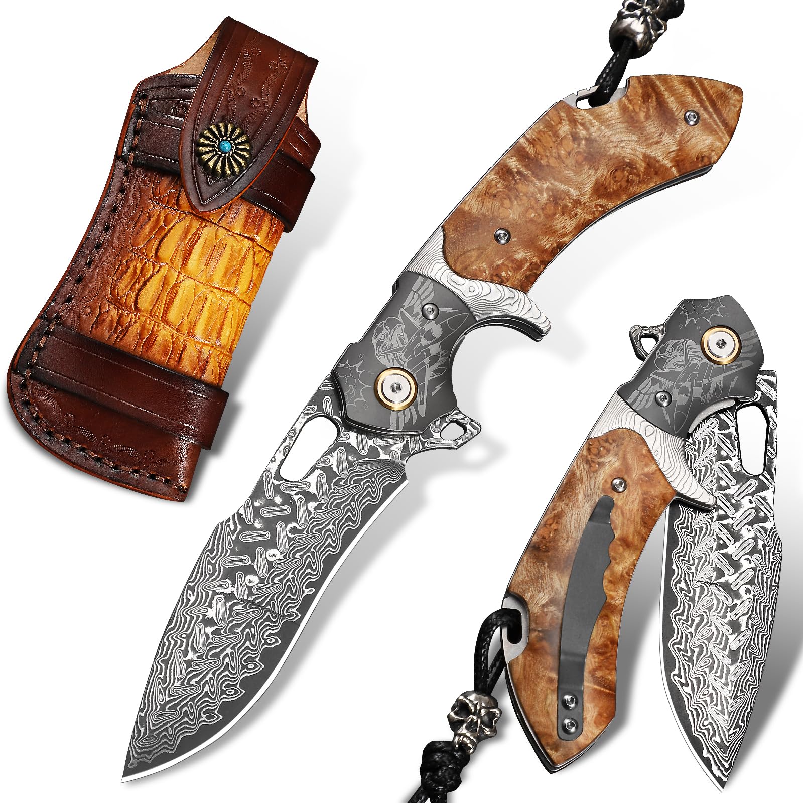 Photo 1 of *****Stock photo reference only****** ALVELY Damascus Steel Folding Pocket Knife?8.6in Men's EDC knife?With leather sheath?pocket clip?Liner Lock?Fighter Pattern?Tree Tumor Shadow Wood Handle?For outdoor hunting Fishing camping knife