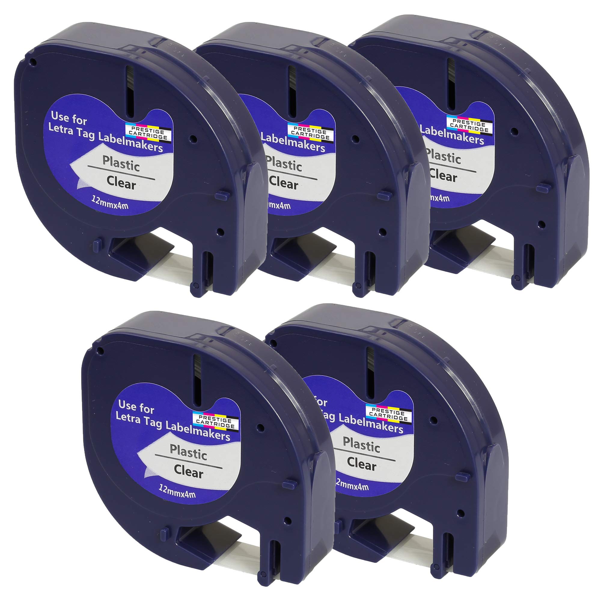 Prestige Cartridge 5 x Compatible Plastic Tapes 12267 S0721530 S0721550 Black on Transparent (12mm x 4m) Replacement for Dymo LetraTag LT110T, LT100H, LT100T, QX50, XR Label Makers