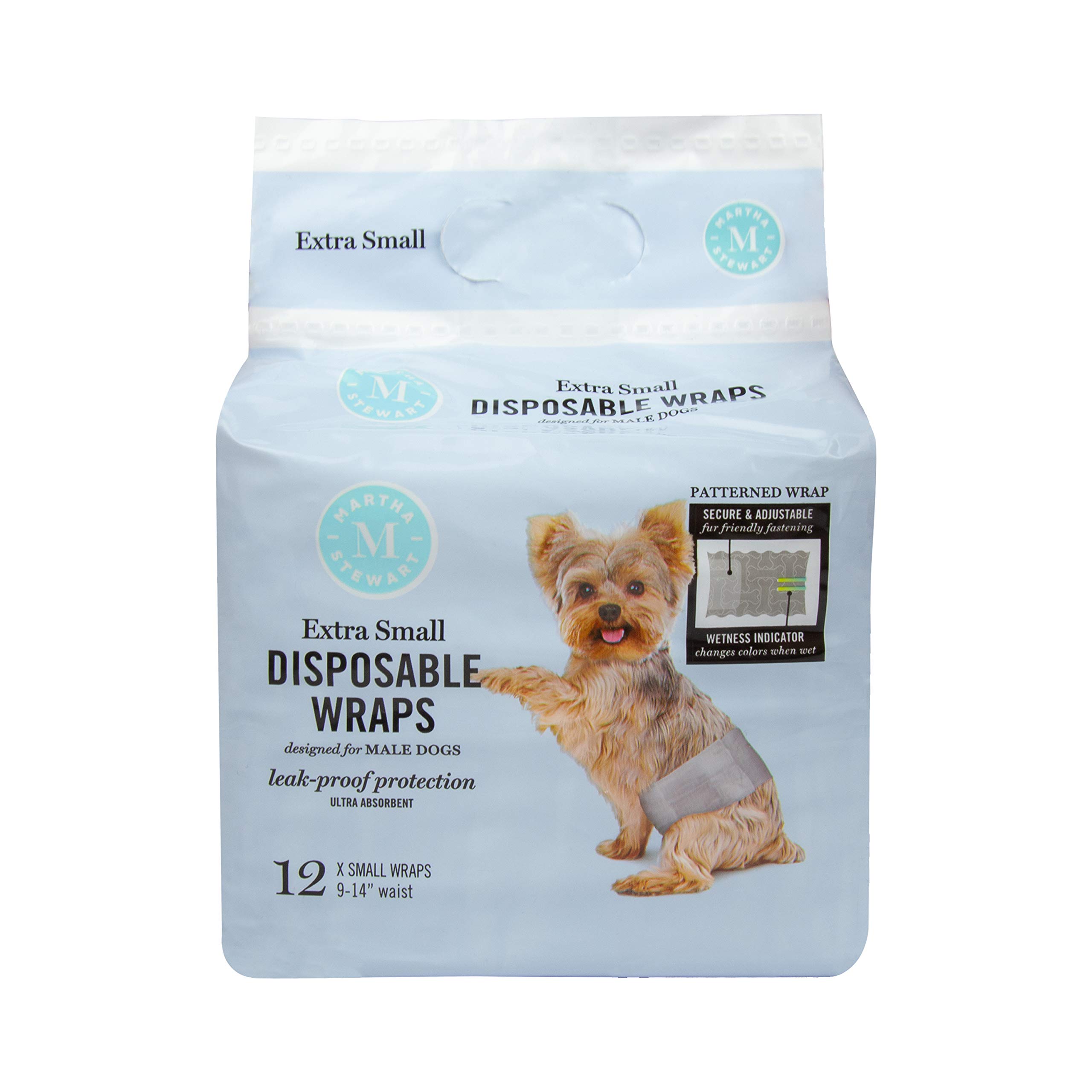 Martha Stewart for Pets Male Dog Wraps | Disposable Male Dog Wraps Size X-Small 9"-14" Waist | 12 Pack Disposable Dog Diapers for Male Dogs, Leakproof and Absorbent Male Dog Wraps for XS Dogs