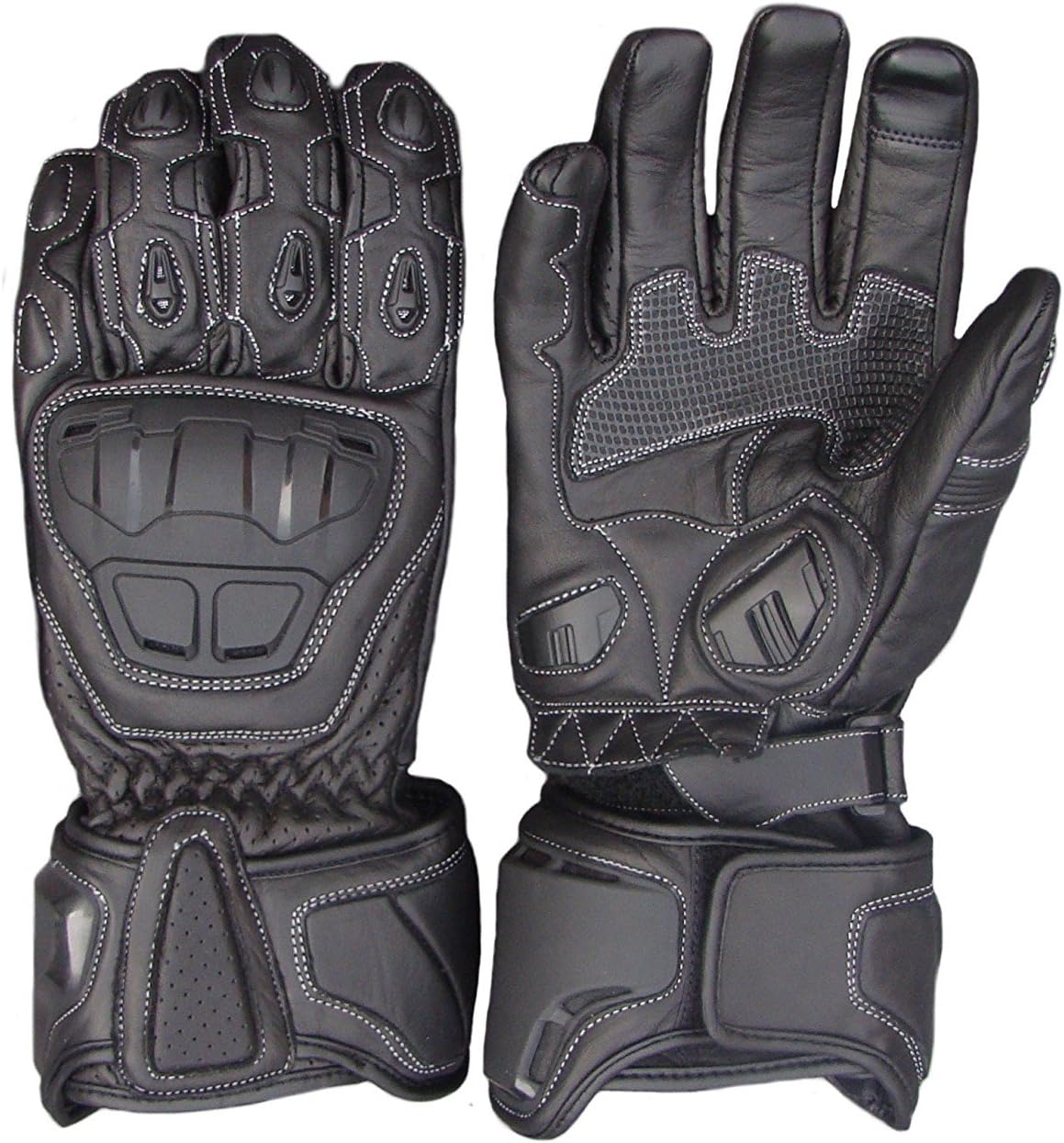 Motorbike Black New Cowhide Leather TPR Armor Knuckles Touch friendly Double Cuffed Gloves (XX-Large)