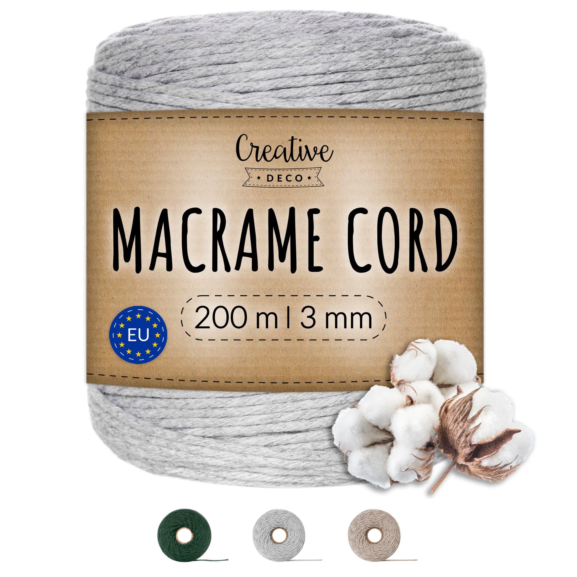 Creative Deco 656 Feet Light Grey Macrame Cord | 200m | 3mm Thick | Cotton Rope 30 Ply String Yarn Twine Elastic Cord | for Easter, Art and Craft, DIY, Knitting, Gift Wrapping, Wall, Plant | Strong
