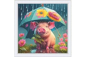 Amiiba Pre Printed Cross Stitch Kits for Adults, Pig Holding an Umbrella 11ct Stamped Embroidery Kits DIY Wall Art Decor for 