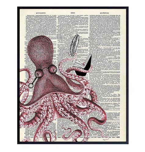 Amazon Com Octopus Reading Book Unframed Dictionary Wall Art Print Steampunk Chic Great Home Decor And Easy Gift Giving Ready To Frame Vintage 8x10 Photo Handmade
