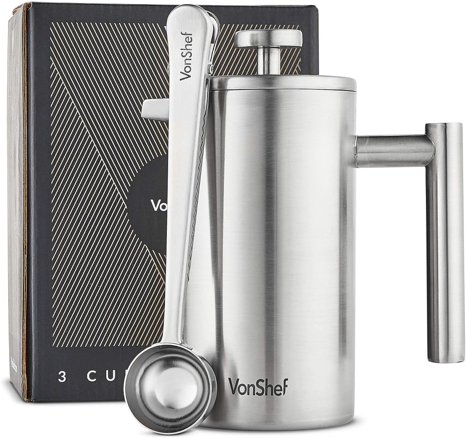 VonShef 3 Cup Cafetiere, Stainless Steel 350ml Double Walled French Press with Measuring Spoon/Bag Seal