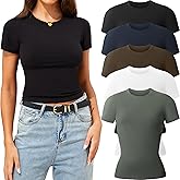 CE' CERDR 3/5 Pack Womens T Shirts Crew Neck Short Sleeve Shirts for Women Casual Basic Tees Fitted Stretchy Layering Tops