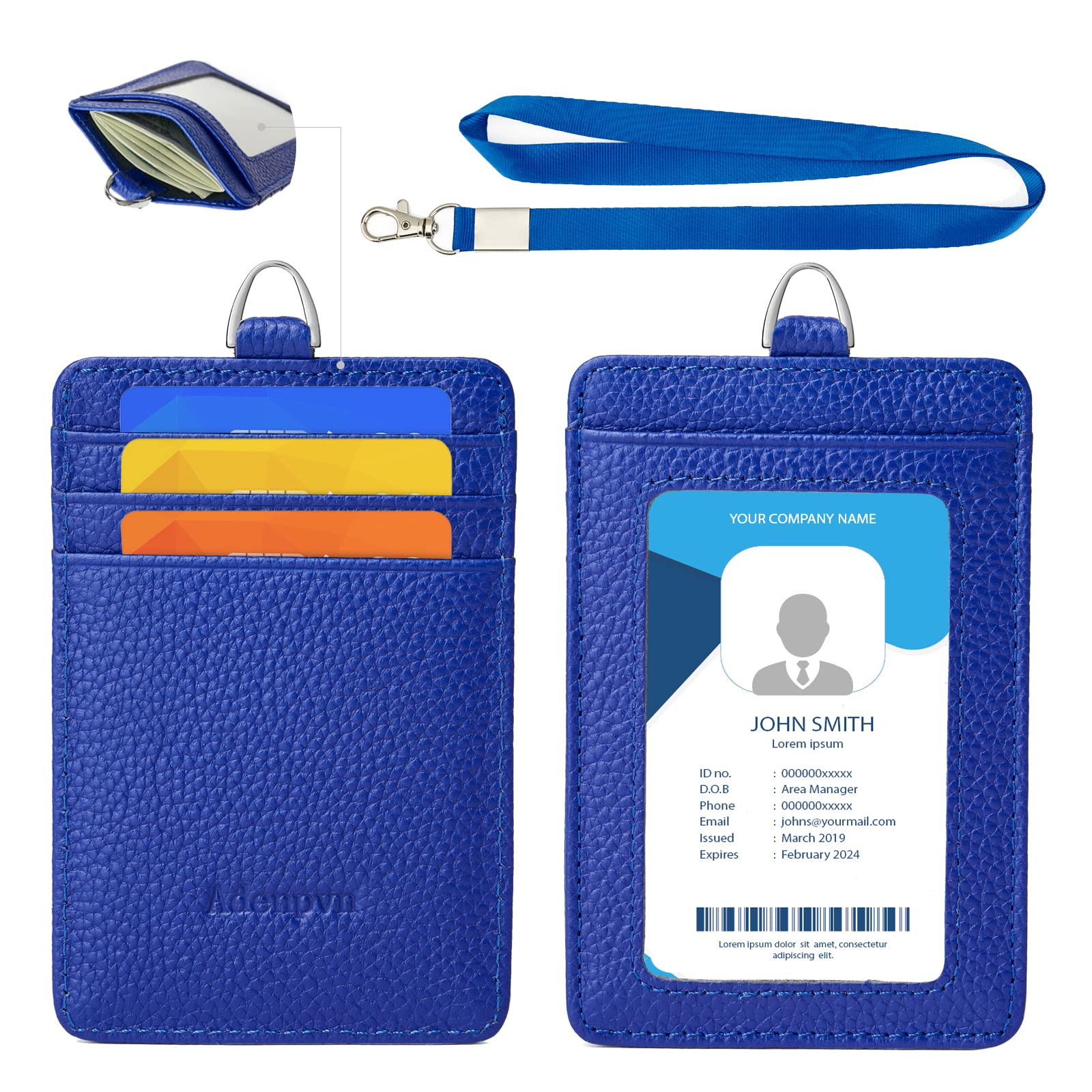 Cow Leather ID Badge Holder with Lanyard(Full Grain Leather,3"*4.5"),1 Clear ID Window and 3 Card Slots,Nylon Neck Lanyard with rotatable and Removable Metal Clasp,Vertical Name Badge Holders