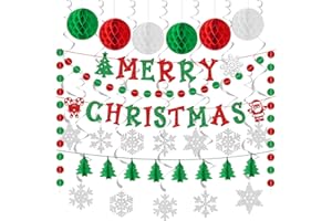 COVBOARD Christmas Party Decorations Happy Christmas Paper Banner with Merry Christmas Paper Banner Set, Christmas Honeycomb Ball Hanging Decorations and Spiral Decorations Indoor Outdoor Decor