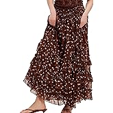 Women's Floral Maxi Skirt Chiffon Elastic High Waist A-Line Long Skirt Flowy Summer Skirts for Beach Party Holiday