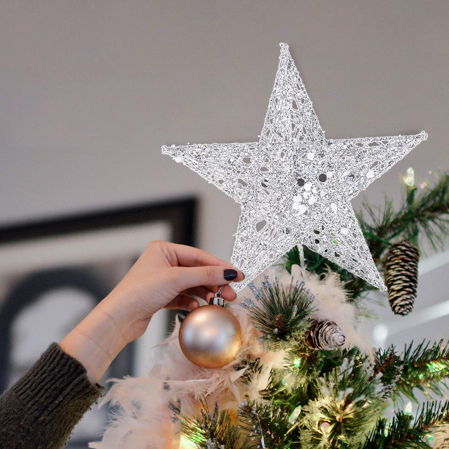 Adornos Para La Copa Del Arbol 25 4cm Estrella De Navidad Decoracion Para Arbol 5 Puntas Estrella Ornamento Del Arbol Navidad Para Arbol De Navidad O Decoracion Del Hogar Plata Yqing Estrella De