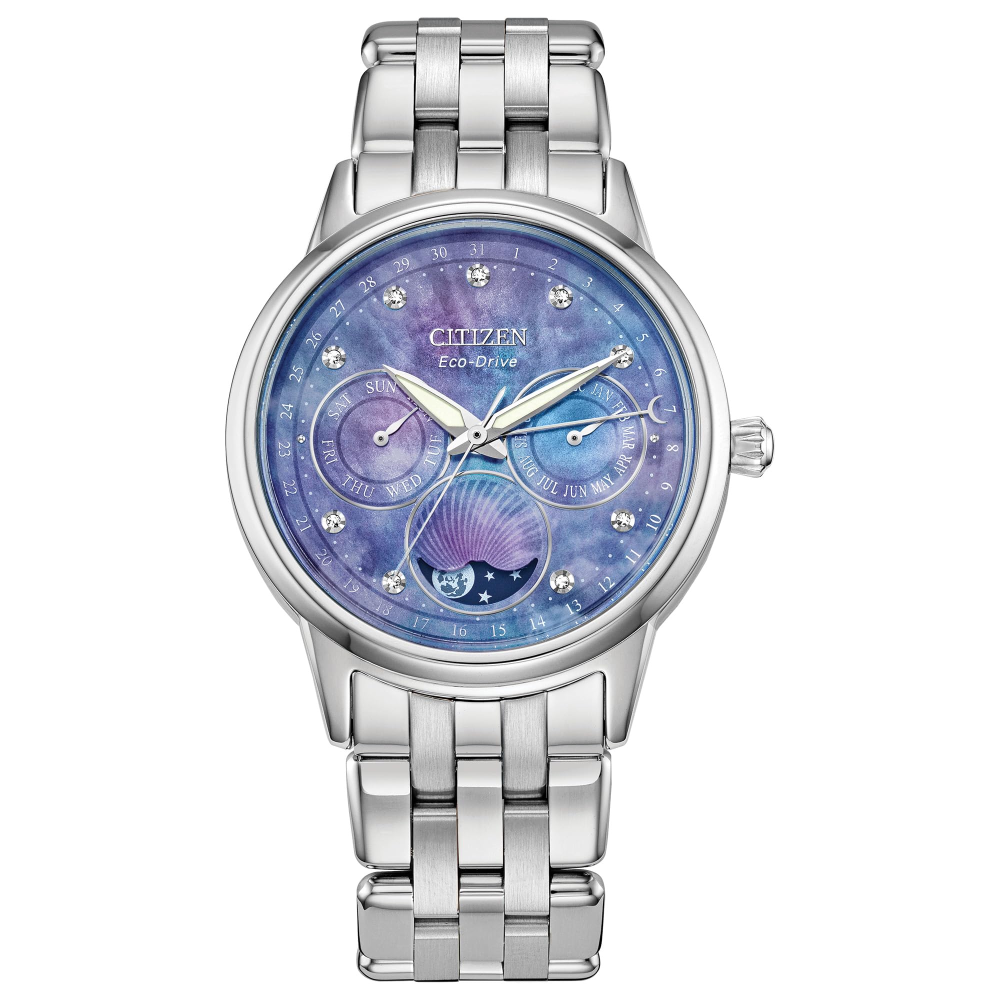 Citizen Women's Eco-Drive Calendrier, Moon Phase Diamond Accents Dial, Stainless Case and Bracelet Watch, Month/Day/Date