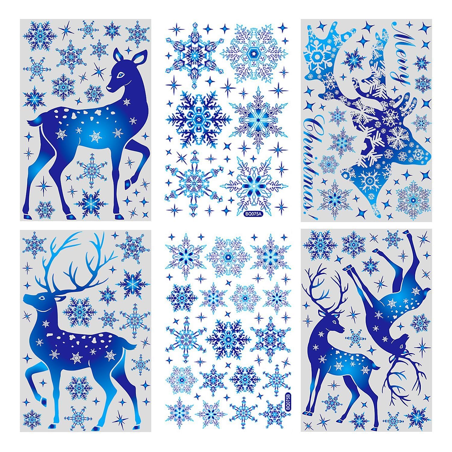 Rumyve 6pcs Snowflake Window Stickers,Winter Holiday Blue Window Ornaments,Reusable Removable Static Window Stickers for Kids Holiday Glass Windows