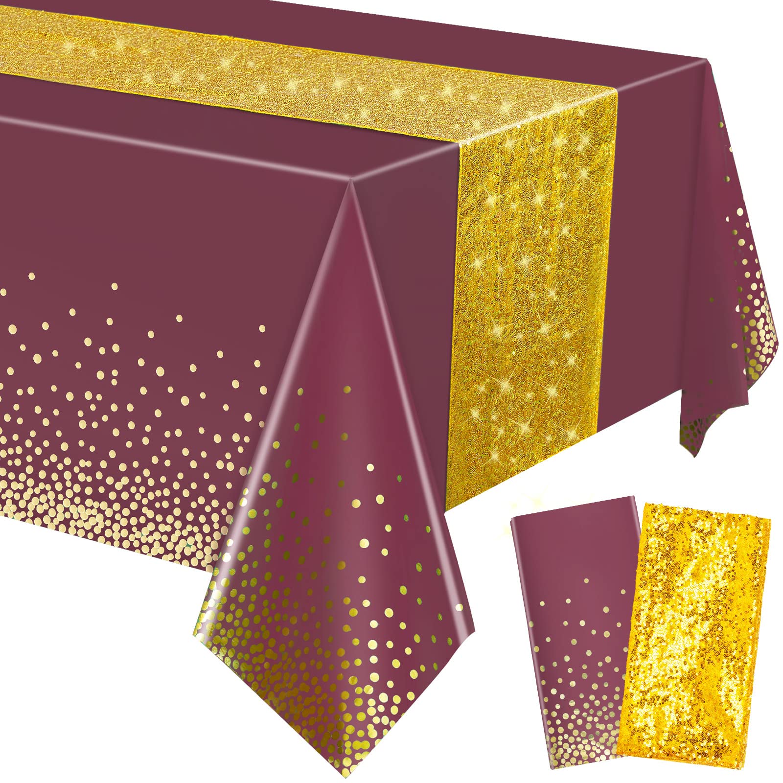 Photo 1 of Irenare Tablecloth and Sequin Table Runner Set Polka Dots Confetti Table Cover Dining Plastic Tablecloths Glitter Decorations for Birthday Wedding Anniversary Party Supplies(Maroon, Gold,2 Pcs)