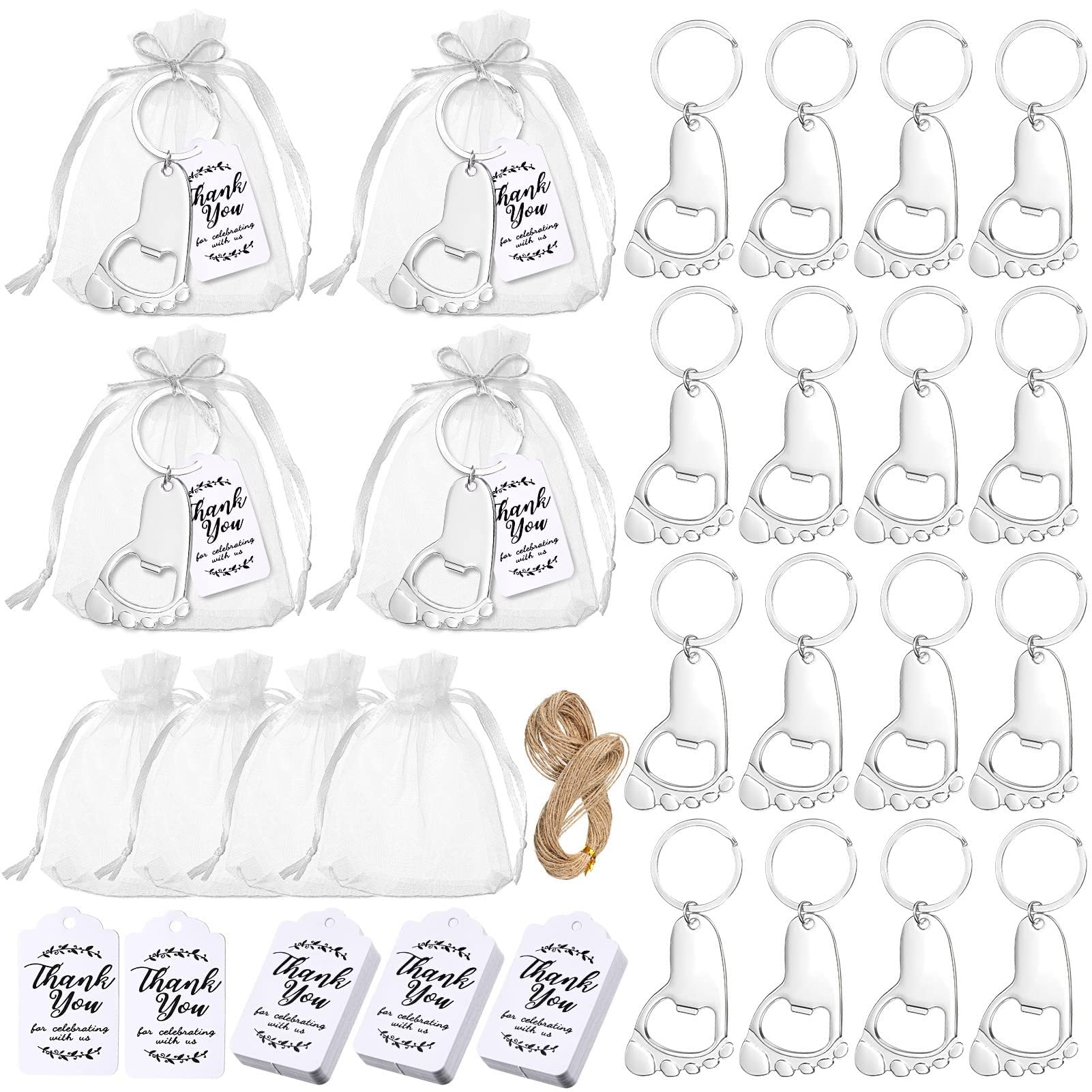 Natudeco 24 Sets Baby Footprint Keychain Bottle Opener Party Favors with Storage Bags Thank Tags Rope Decorations for Baby Shower Party