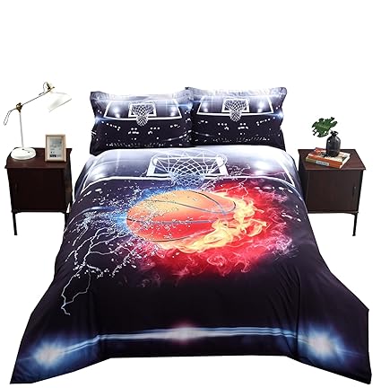Alicemall 3d Basketball Bedding Lifelike Cool Ball In Fire And Water Printed 4 Pieces Cotton Duvet Cover Set Full Size Sheets Bed Set Full Black