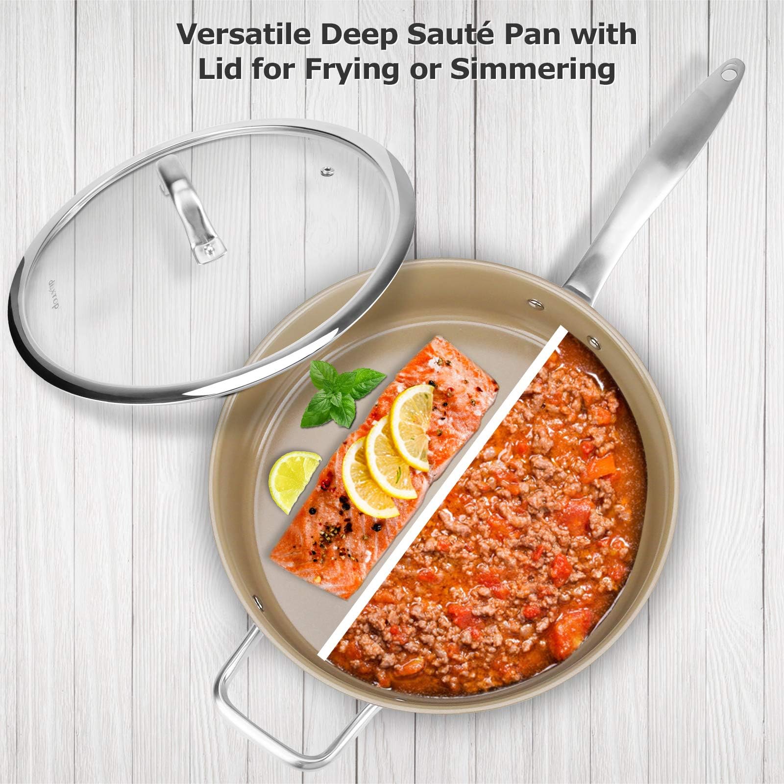Duxtop Ceramic Non-stick Sauté Pan, Induction Stainless Steel Sauté Pan, 5.5-Qt Deep Skillet with Lid, Professional Grade and Impact-bonded Technology, FUSION Ti