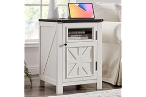 JXQTLINGMU Farmhouse End Table with Charging Station, 18'' Rustic Nightstand with Barn Door & Adjustable Shelf, Wooden Sofa Side Table with 3-Tier Storage for Living Room, Bedroom, White