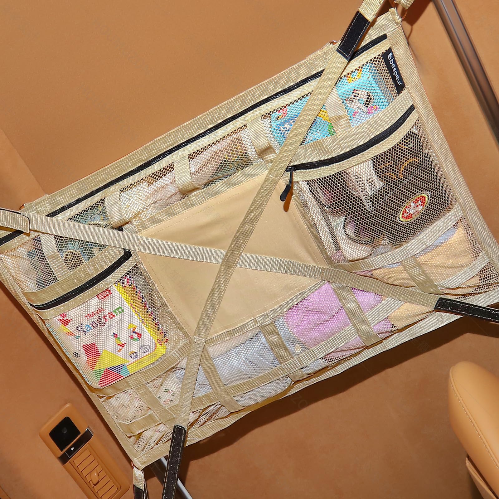 Photo 1 of Bespeur Car Ceiling Cargo Net with 2 Pockets,31.5"x21.6" Overhead Storage Mesh Organizer for SUV and Mini Van,Double Car Net for Road Trip Essentials,Camping Gear,Vehicle Roof Storage,Beige