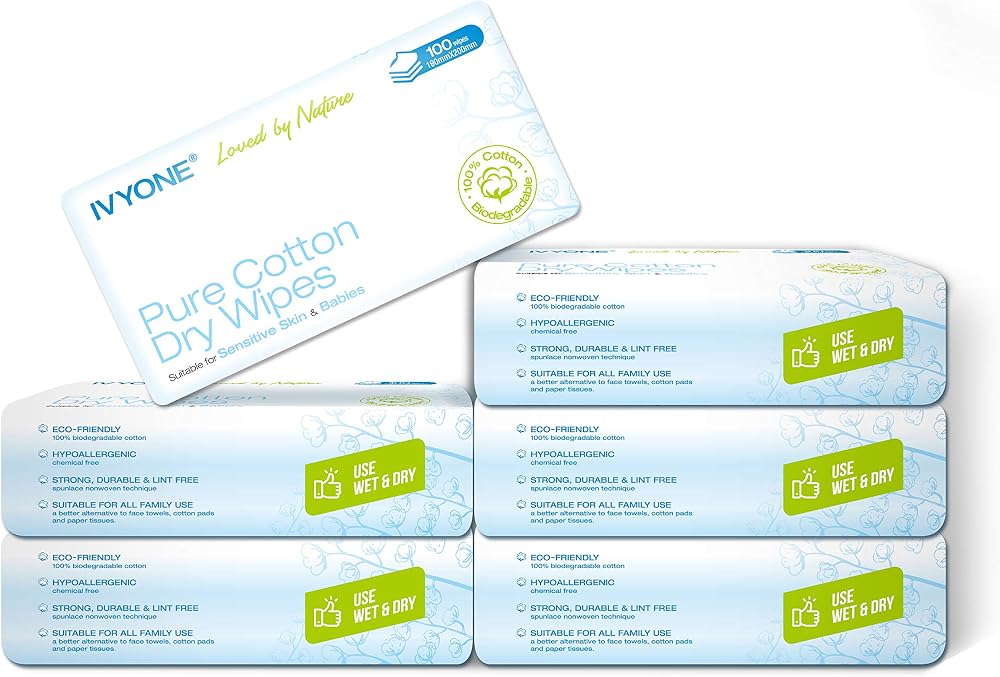 IVYONE Pure Cotton Dry Wipes 600 Biodegradable Plastic-Free For Newborn