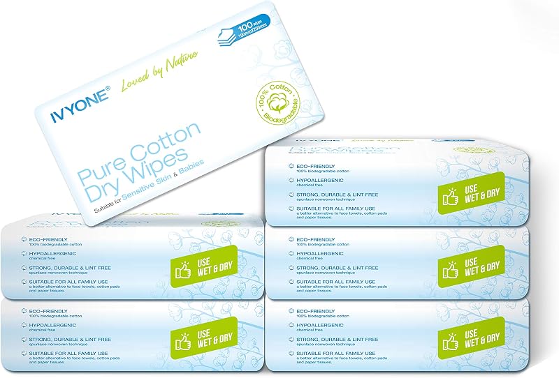 IVYONE Pure Cotton Dry Wipes 600 Biodegradable Plastic-Free For Newborn