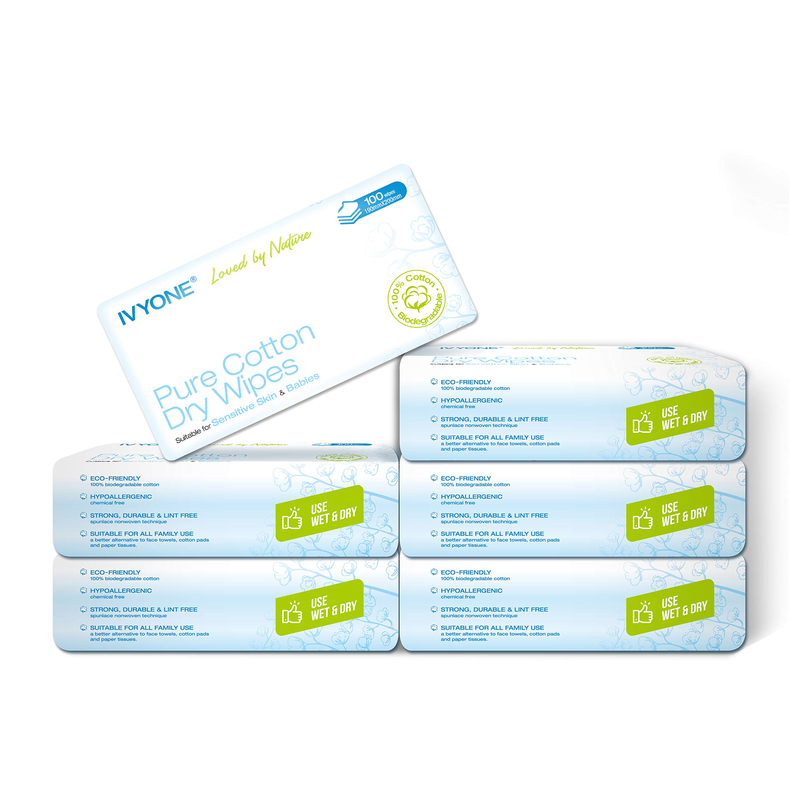 IVYONE Pure Cotton Dry Wipes, 600 Biodegradable, Chemical-Free & Plastic-Free Wipes, Perfect for Newborn Sensitive Skin