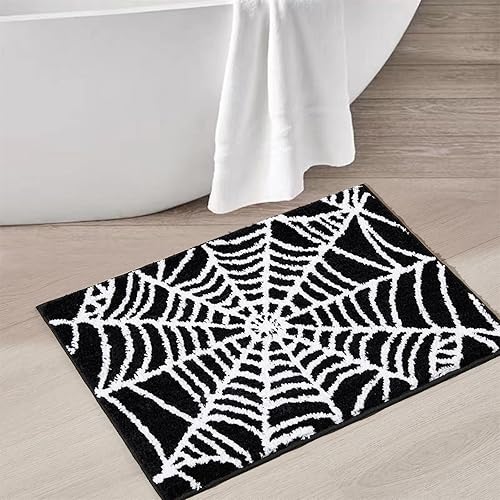 Estmy Black Gothic Bath Mat Spider Web Spooky Bathroom Mats Non Slip Washable, 16x24 Funky Cute Fun Vintage Bath Halloween Shower Rugs Bathroom Decor Ultra Soft Great Absorbency