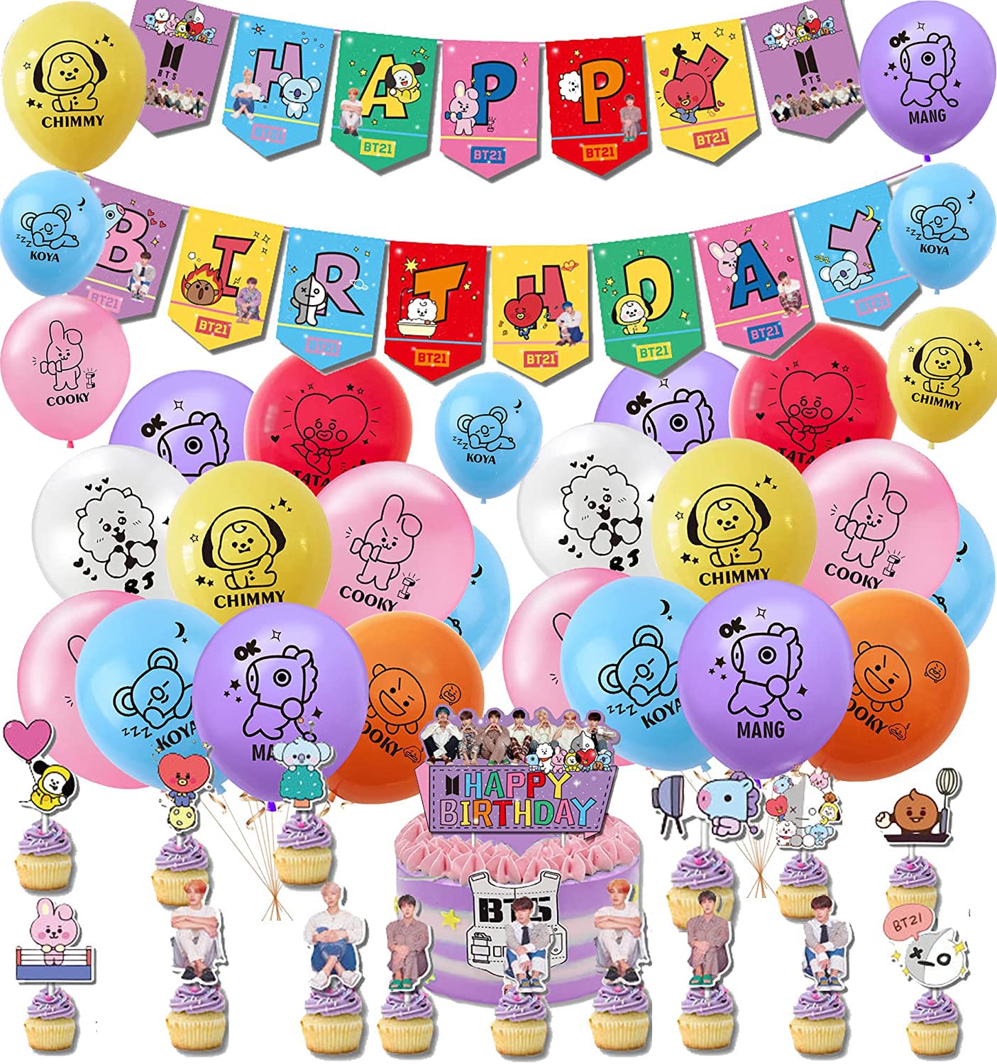 000 BTS Birthday Decorations Balloons Happy Birthday Banner Cake Decorations Cupcake Toppers Party Supplies