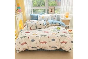 BlueBlue Cars Duvet Cover Set Twin 100% Cotton Bedding for Kids Boys Girls Teens Truck Bus Transportation Traffic Light on White 1 Cartoon Car Comforter Cover Zipper Ties 2 Pillowcases Twin
