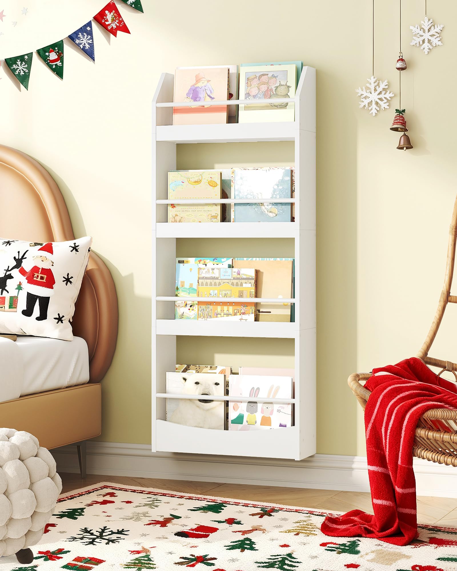 Photo 1 of CHOEZON Kids Bookshelf, 15.7 Inch Wall Mounted Bookshelf, 4-Tier Nursery Book Shelves, Book Shelf for Kids Room, Bedroom, Living Room, Playroom, White MCW04WB