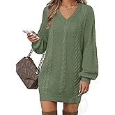 VAFOLY Women's Pullovers Jumper Sweaters Lantern Sleeve Casual V Neck Fall Knit Mini Sweater Dresses