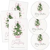 Christmas Stickers, Chinoiserie Pink Bow Christmas Tree Labels for Present, 20 Round & 20 Rectangle Writable Self-Adhesive Name Tags, Fit Holiday Party Favor Decor, Gift Wrapping, DIY Handcraft-A13