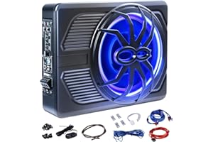 Andeman 1000W Car Subwoofer, 10'' Slim Under Seat Powered Car Subwoofer w/Built-in Amplifier & Hi/Lo Input, Bass Speaker Subwoofer with Blue LED Light, Individual Control, for Car/Truck/SUV/Jeep/MPV