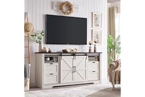 JXQTLINGMU Farmhouse TV Stand for 75+ Inch TV, 32" Tall Entertainment Center w/4 Drawers & Sliding Barn Door, Rustic Media Console w/Storage Shelves, 66" Wood Television Stand for Living Room, Off White