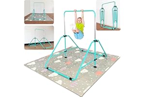 MARFULA Foldable Gymnastic Bar for Kids Ages 3-9, 9 Height Levels, 200 lbs Weight Capacity, 5 Ft Length Gymnastic Kip Bar with Mat, Gymnastic Equipment for Home and Gym Center Indoor Outdoor Use