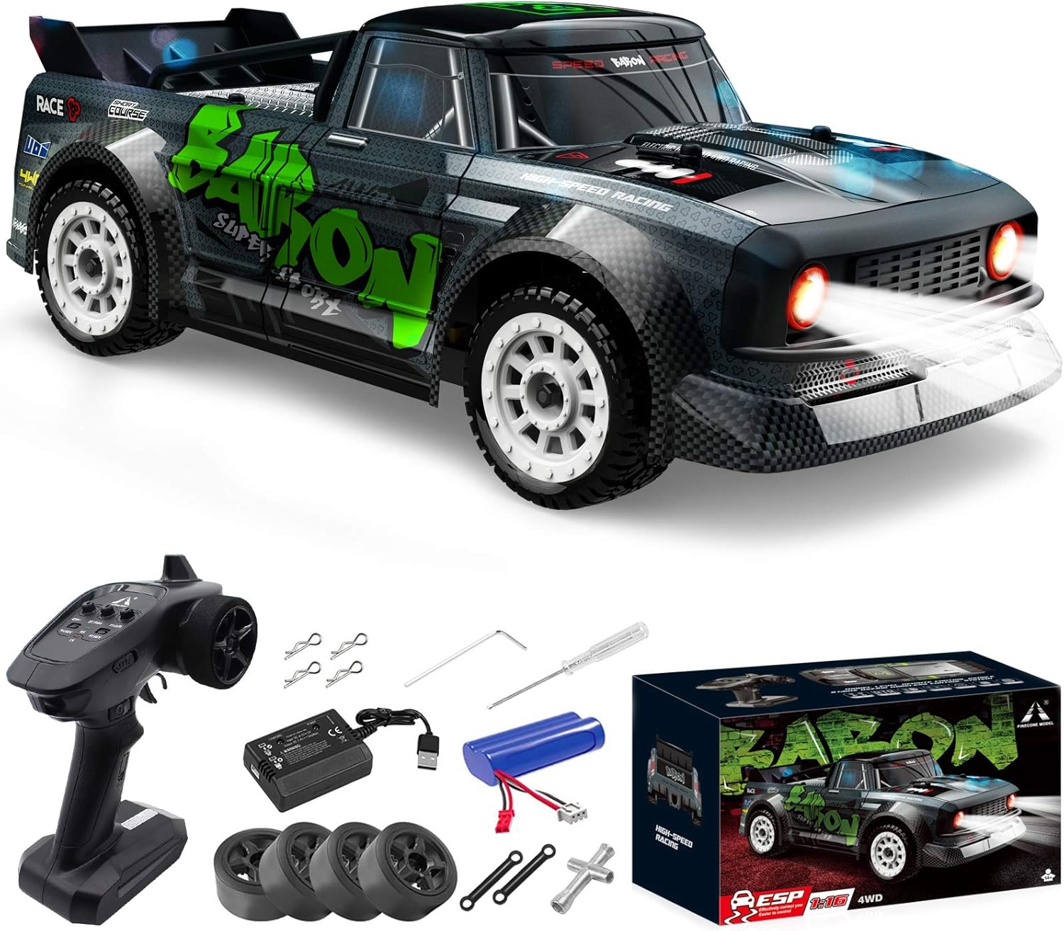 Fisca 1/16 Remote Control High Speed Car, 4WD RC Drifting Racing Cars Fast 20MPH Truck 2.4Ghz Off-Road 4X4 Buggy Car Speed & Steering Control Vehicle Toy with Lights for Kids and Adults: Toys & Games