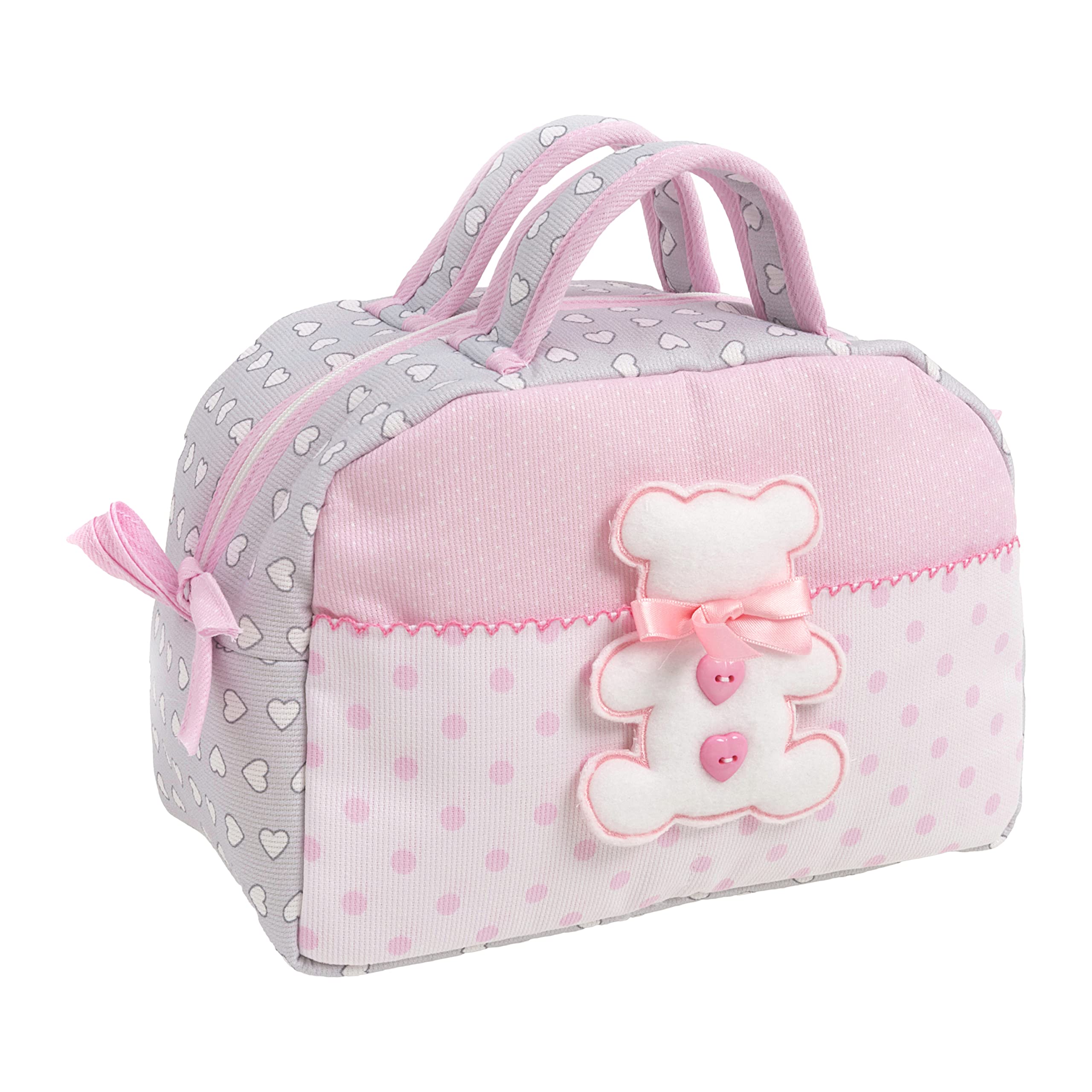 FILET - Beauty Case with Handles and Zipper, with Teddy Bear Embroidery, Made of Padded Cotton, Ideal for Baby Care Products, 100% Made in Italy, Colour Grey and Pink