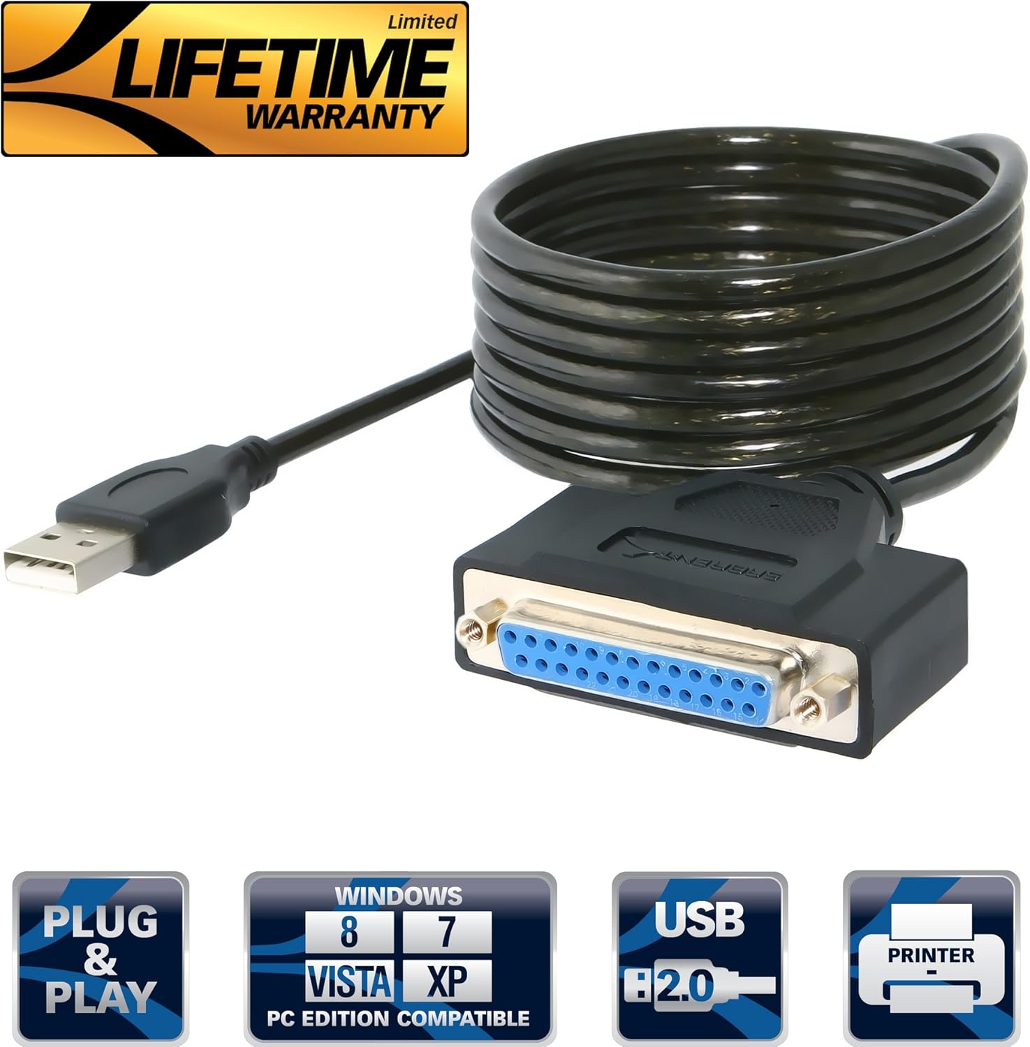 Sabrent USB 2.0 to DB25 IEEE-1284 Parallel Printer Cable Adapter [HEXNUT Connectors] (CB-1284)