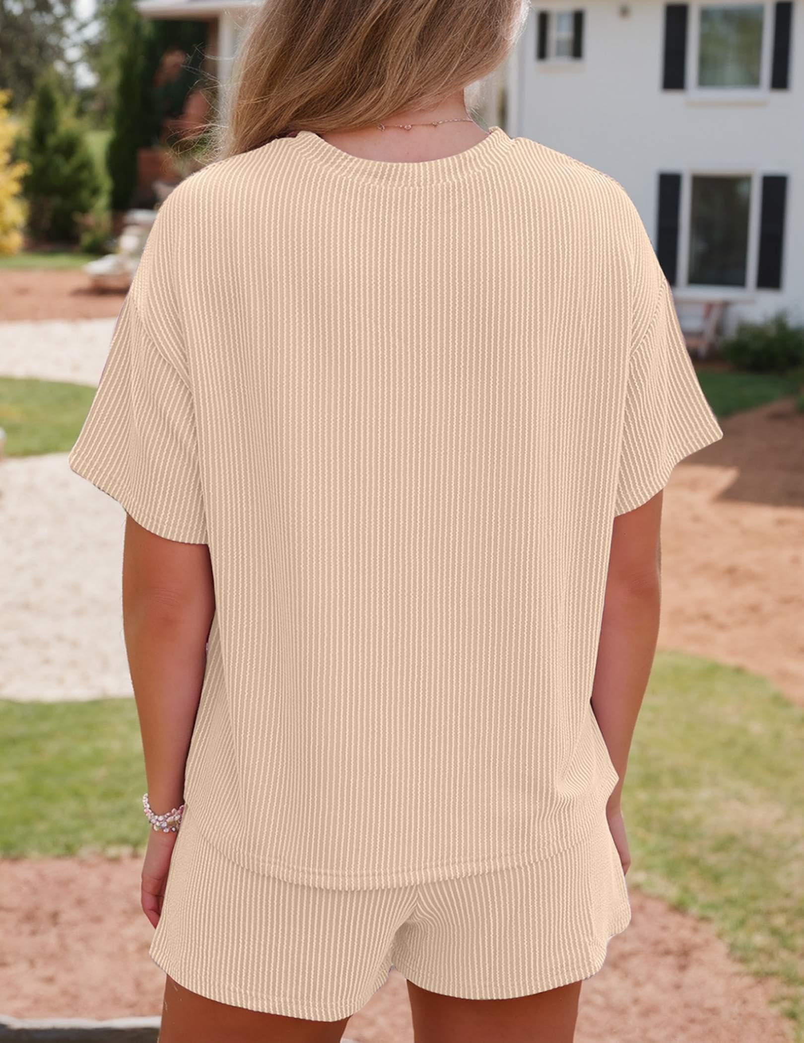 Misakia Women\'S Sleepwear Short Sleeve Pajamas for Women Set Two Piece Ribbed Cute Pj Sets Woman With Pocket Beige S