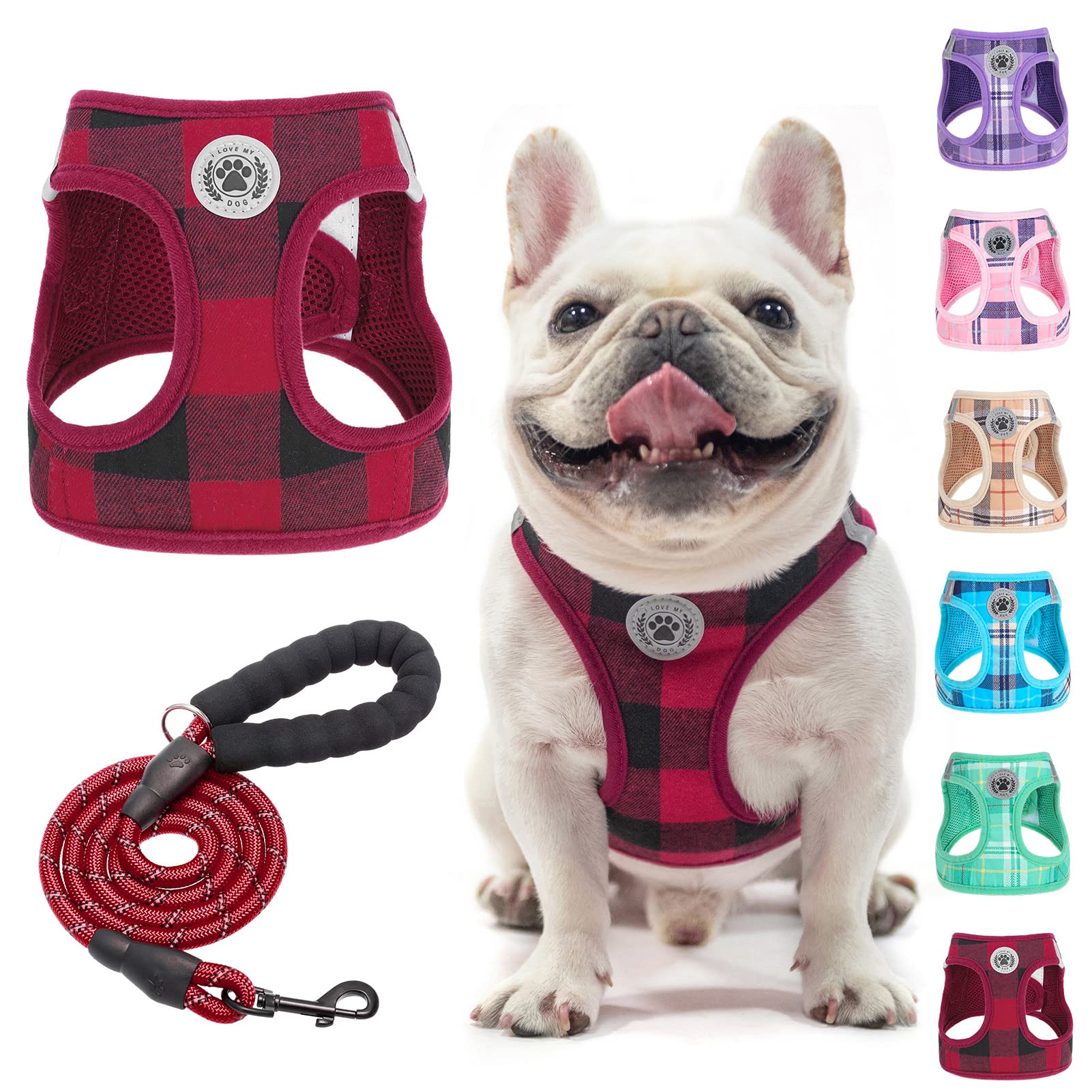 BEAUTYZOO Step in No Chock No Pull Soft Mesh Dog Harness and Leash Set, Reflective for Extra-Small/Small Medium Puppy Dogs and Cats, Plaid Dog Vest Harness for XS S Pets, Red — image 1