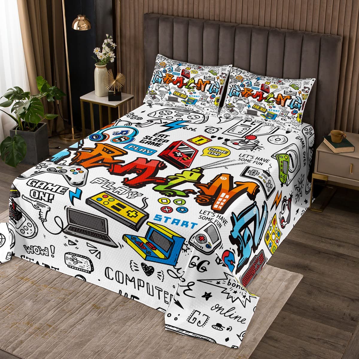 Gaming Quilted Bedspread Kids Multi-color Graffiti Gamepad Quilted Coverlet for Boys Teens Modern Game Controller Coverlet Set Breathable Young Man Quilted YouthRoom Decor Single 2Pcs