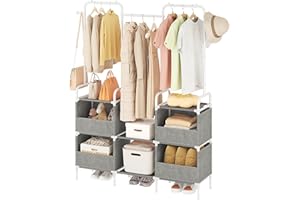 Laiensia Clothes Rack,3 Rods Portable Clothing Hanging Garment Rack,Coat and Shoe Rack with 4 Storage Shelves and 4 Storage Pockets,for Bedroom,Entryway,Living Room,Grey&White