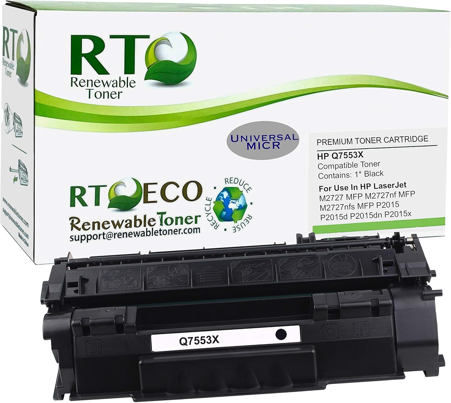 Renewable Toner Compatible High Yield Universal MICR Toner Cartridge Replacement for HP Q7553X 53X Laserjet M2727 MFP P2015
