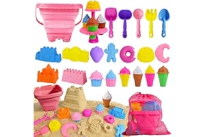 31Pcs Beach Toys, Sandbox Toys Kids Sand Play Set with Castle & Dessert Molds,Collapsible Sand Buckets, Mesh Bag, Soft Plasti