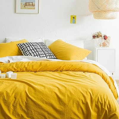Buy Susybao 3 Piece Duvet Cover Set 100 Natural Washed Cotton Queen Size Yellow Bedding Set 1 Solid Duvet Cover With Hidden Zipper Ties 2 Pillowcases Luxury Quality Soft Comfortable Durable Warm