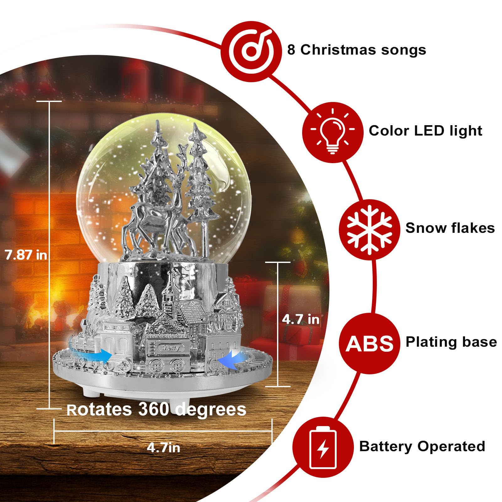 Hpoeude Musical LED Light Up Snow Globe with Rotating Train, Winter White Deer Christmas Decor, 7 Inch Height Cool Water Globe, Valentine's Day Gift for Women Adults