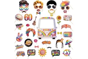 60s Photo Booth Props, 40-Piece Kit with 11.5x12-Inch Sign, Hippie Theme, 1960 Woodstock Party Supplies