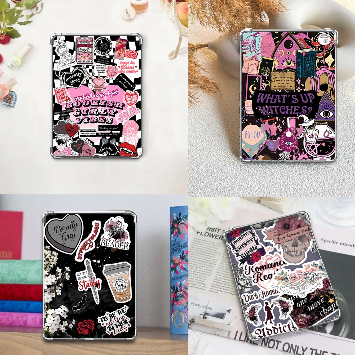 6 pcs Inserts for Kindle Paperwhite Clear Case, and 2 pcs Dust Plug Charms Retro Phone Charm Set for E-Reader, Cardstock Insert Accessories for Kindle 11th-12th, Gift for Book Lover