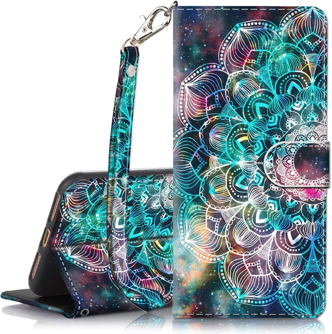 iPhone Xs Max Case, Hocase PU Leather Full Body Protective Wallet Case with Credit Card Holders, Wrist Strap, Magnetic Closure for iPhone Xs Max 2018 with 6.5-inch Display - Mandala in Galaxy