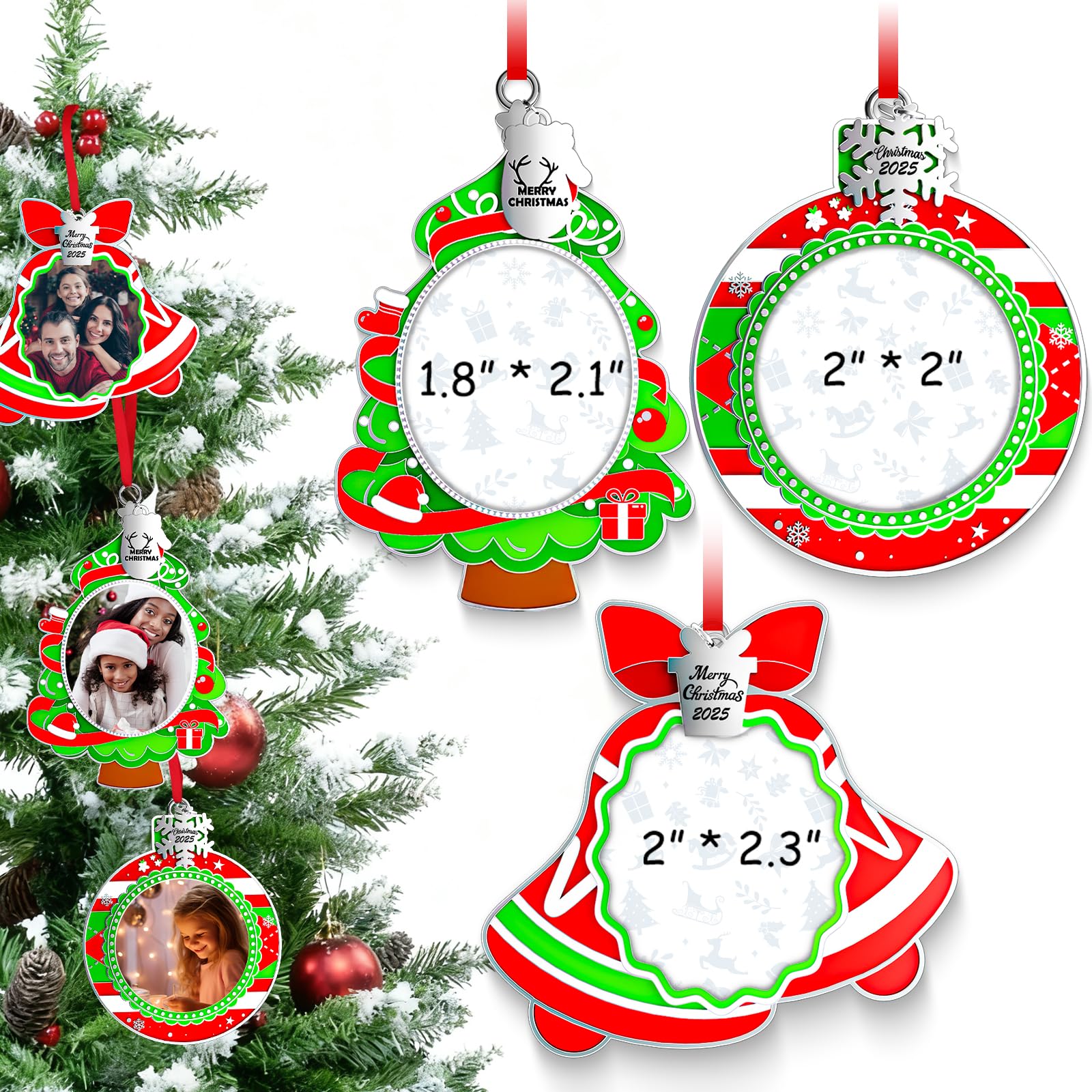 Photo 1 of MGparty 3 Pack Christmas Picture Frame Ornaments Xmas Metal Hanging Photo Frame with Pendants 2025 Holiday Keepsake Gifts Christmas Tree Decorations